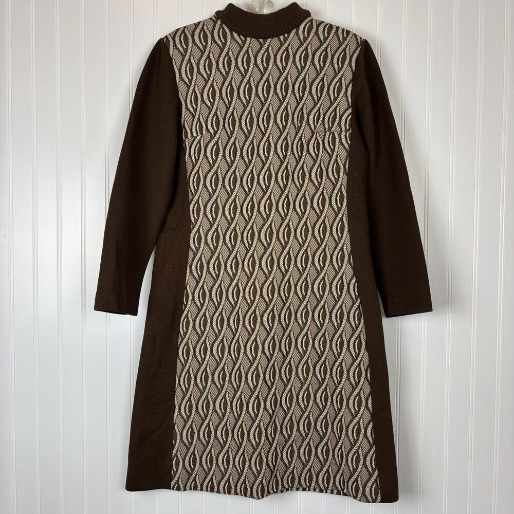 Vtg Womens Bleeker Street Brown Geometric Dress Sz 14 (M/L) Mod Mad Men Retro